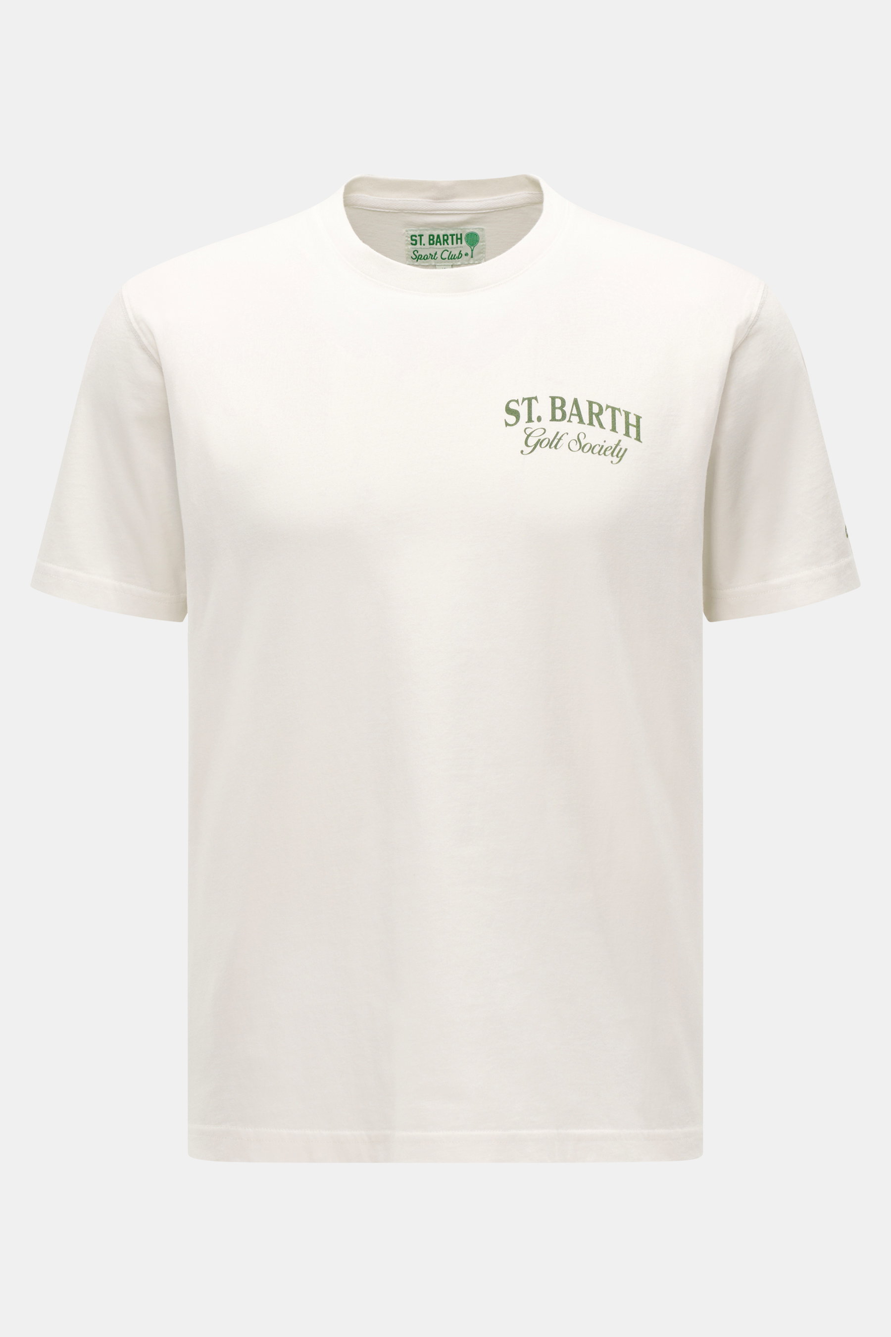 MC2 Saint Barth Rundhals-T-Shirt 'Arnott' offwhite, Frontansicht, weiche Baumwolle, Slim Fit, Rundhalsausschnitt, dezenter Brustprint, St. Barth-Stickerei am Ärmel.