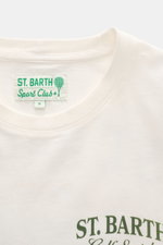 MC2 Saint Barth Rundhals-T-Shirt 'Arnott' offwhite, Nahaufnahme von Kragen und grünem St. Barth Sport Club Label, reine Baumwolle, Slim Fit.
