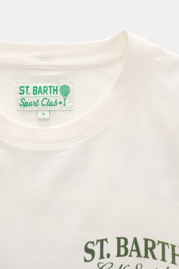 MC2 Saint Barth Rundhals-T-Shirt 'Arnott' offwhite, Nahaufnahme von Kragen und grünem St. Barth Sport Club Label, reine Baumwolle, Slim Fit.