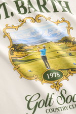 MC2 Saint Barth Rundhals-T-Shirt 'Arnott' offwhite, Detailaufnahme des Country Club-Rückenprints mit Golfer, reine Baumwolle, Slim Fit, weiche Qualität, Rundhalsausschnitt, St. Barth-Stickerei.