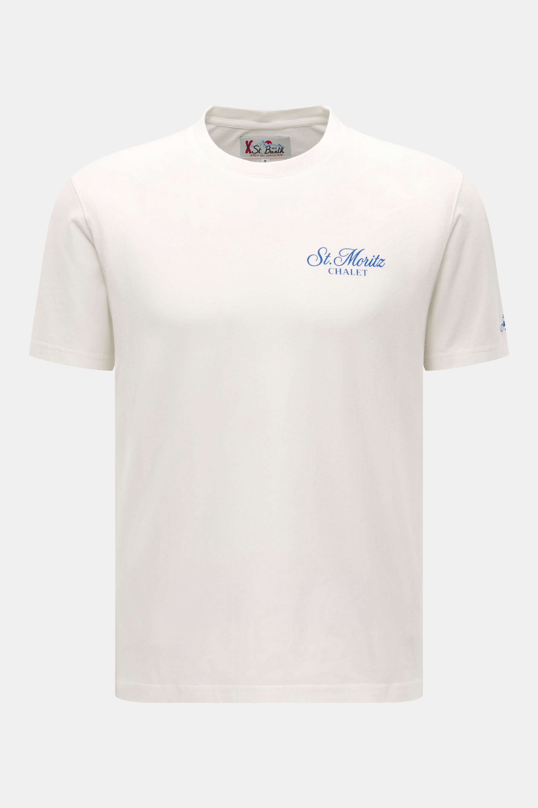 Frontansicht des MC2 Saint Barth Rundhals-T-Shirts 'Arnott Warm' offwhite aus reiner Baumwolle mit Slim Fit, weichem Stoff, dezentem Brustprint und St. Barth-Stickerei am Ärmel.