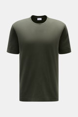 04651/ A trip in a bag Rundhals-T-Shirt 'Jersey Tee' graugrün, Slim Fit, weicher Baumwoll-Jersey, Frontansicht, Rundhalsausschnitt, Weblabel seitlich.
