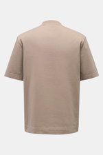Rear view of 04651/ A trip in a bag Crew Neck T-Shirt taupe, made of pure cotton, heavy quality with slightly textured feel, regular fit, crew neckline, and small woven label, photographed from the back.