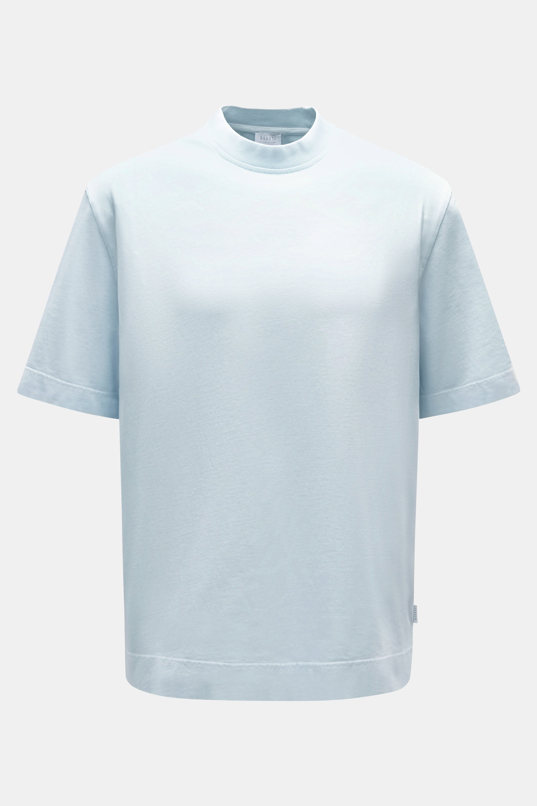 Front view of 04651/ A trip in a bag Crew neck T-Shirt pastel blue made from pure cotton, heavy quality with a slightly textured feel, regular fit, crew neckline, and small woven label, ideal for urban everyday life.