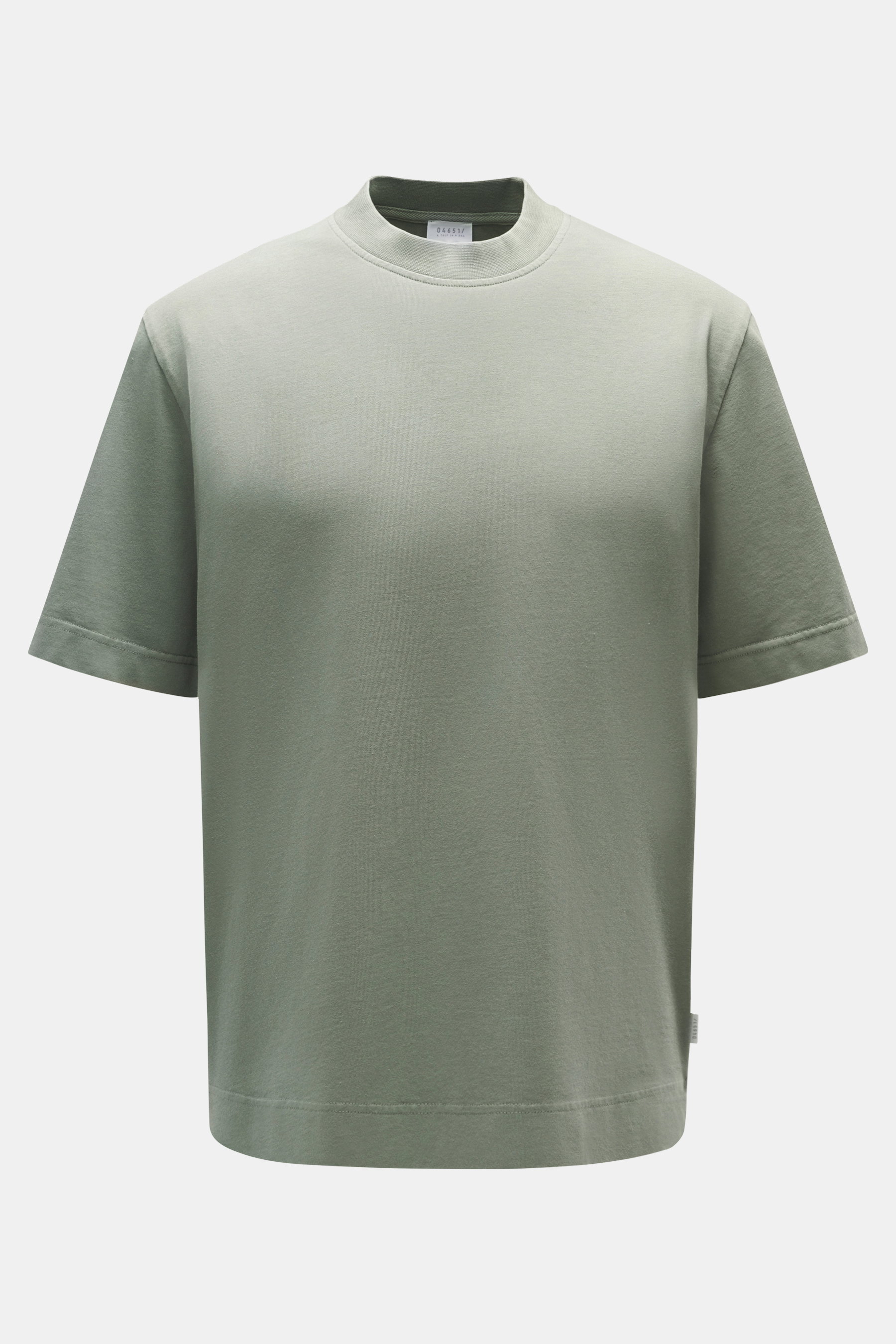 Front view of 04651/ A trip in a bag Crew neck T-Shirt grey green, made from pure cotton heavy jersey with a slightly textured feel, regular fit, crew neckline, and small woven label, durable basic for urban everyday life.