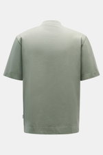 Rear view of the 04651/ A trip in a bag Crew neck T-Shirt grey green, made from heavy pure cotton jersey with a slightly textured feel, regular fit, crew neckline, and small woven label, shown from the back on a white background. Durable basic for urban e