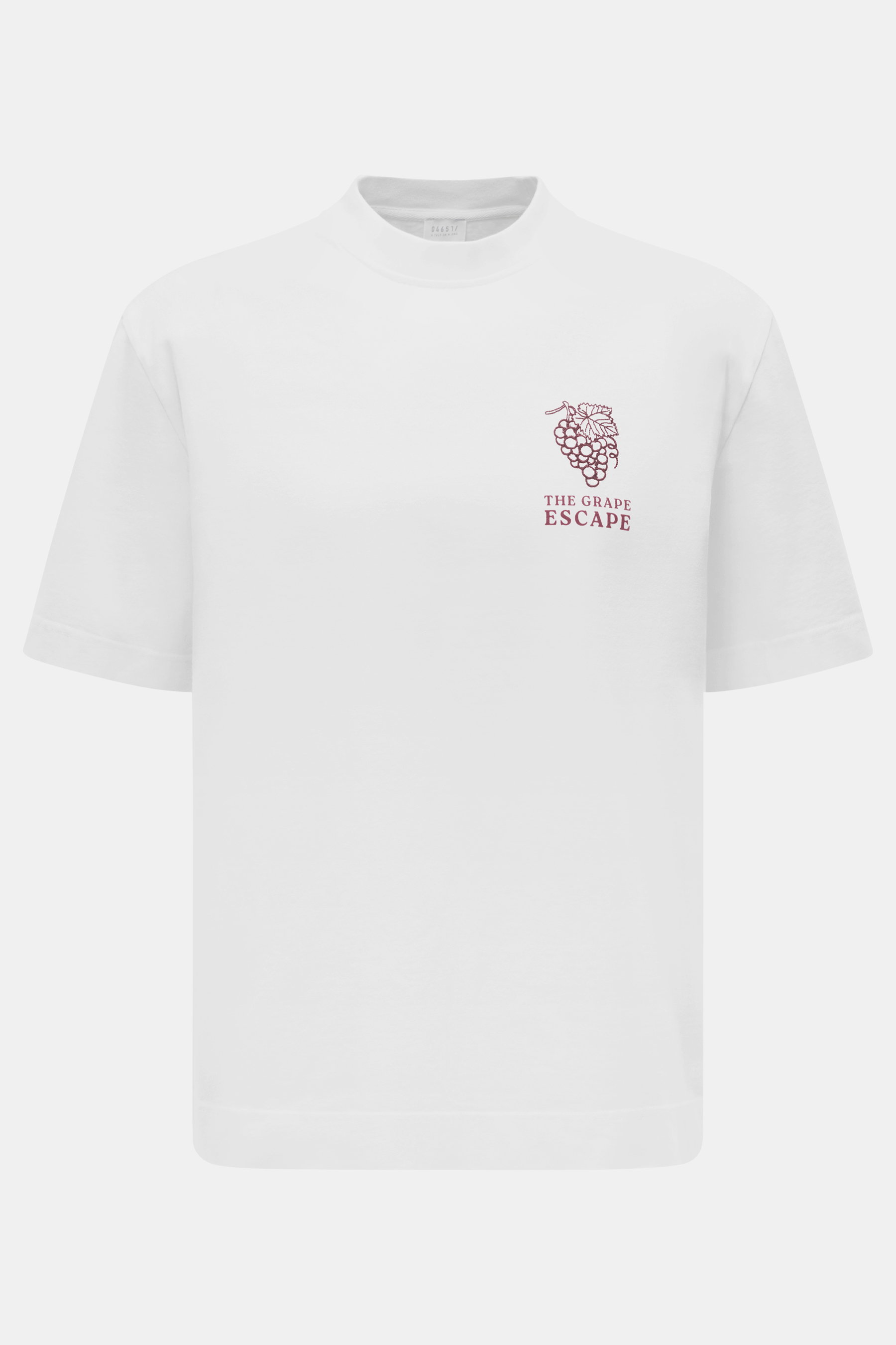 04651/ A trip in a bag Crew Neck T-Shirt 'Grape Escape' white shown from a front close-up, featuring grape embroidery and text. Not just for wine lovers: The Crew Neck T-Shirt 'Grape Escape' by 04651/ A TRIP IN A BAG is made of heavy cotton jersey and is 
