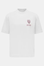 Frontale Nahaufnahme des weißen 04651/ A trip in a bag Rundhals-T-Shirts 'Grape Escape' mit schwerer Baumwolle, Regular Fit, Rundhalsausschnitt und Weintrauben-Stickerei.