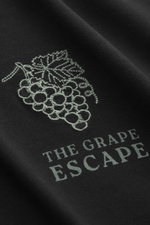 04651/ A trip in a bag Rundhals-T-Shirt 'Grape Escape' schwarz, Detailansicht von oben auf schwere Baumwolle mit edler Weintrauben-Stickerei.