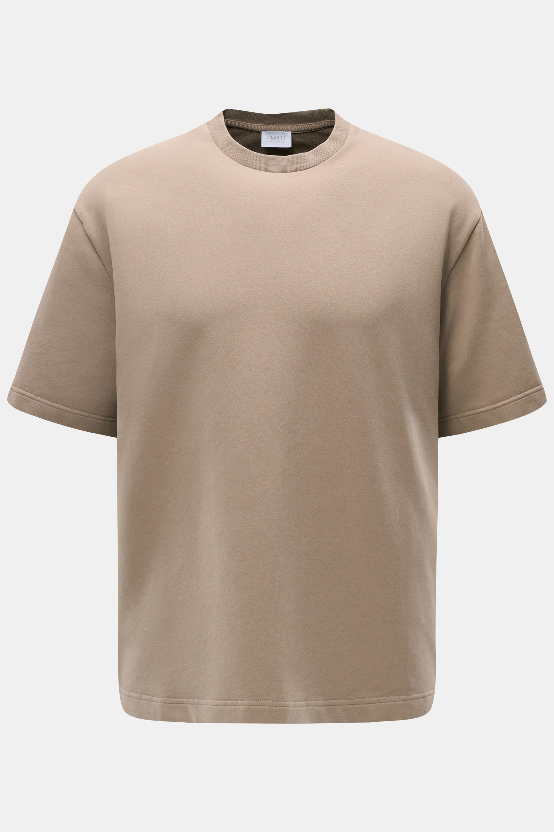 Front view of the 04651/ A trip in a bag Crew neck T-shirt 'If Tee' taupe, made of elasticated cotton jersey, soft, heavy fabric, regular fit, crew neck, side seam label.  

Description:  
<p>The uncomplicated cotton T-shirt 'IF Tee' by 04651/ A TRIP IN A