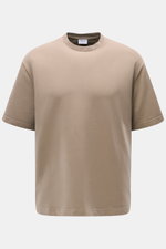 Frontansicht des taupefarbenen 04651/ A trip in a bag Rundhals-T-Shirts 'If Tee' aus elastischer Baumwolle, Regular Fit, weicher Griff, Weblabel in Seitennaht.