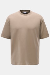 Frontansicht des taupefarbenen 04651/ A trip in a bag Rundhals-T-Shirts 'If Tee' aus elastischer Baumwolle, Regular Fit, weicher Griff, Weblabel in Seitennaht.