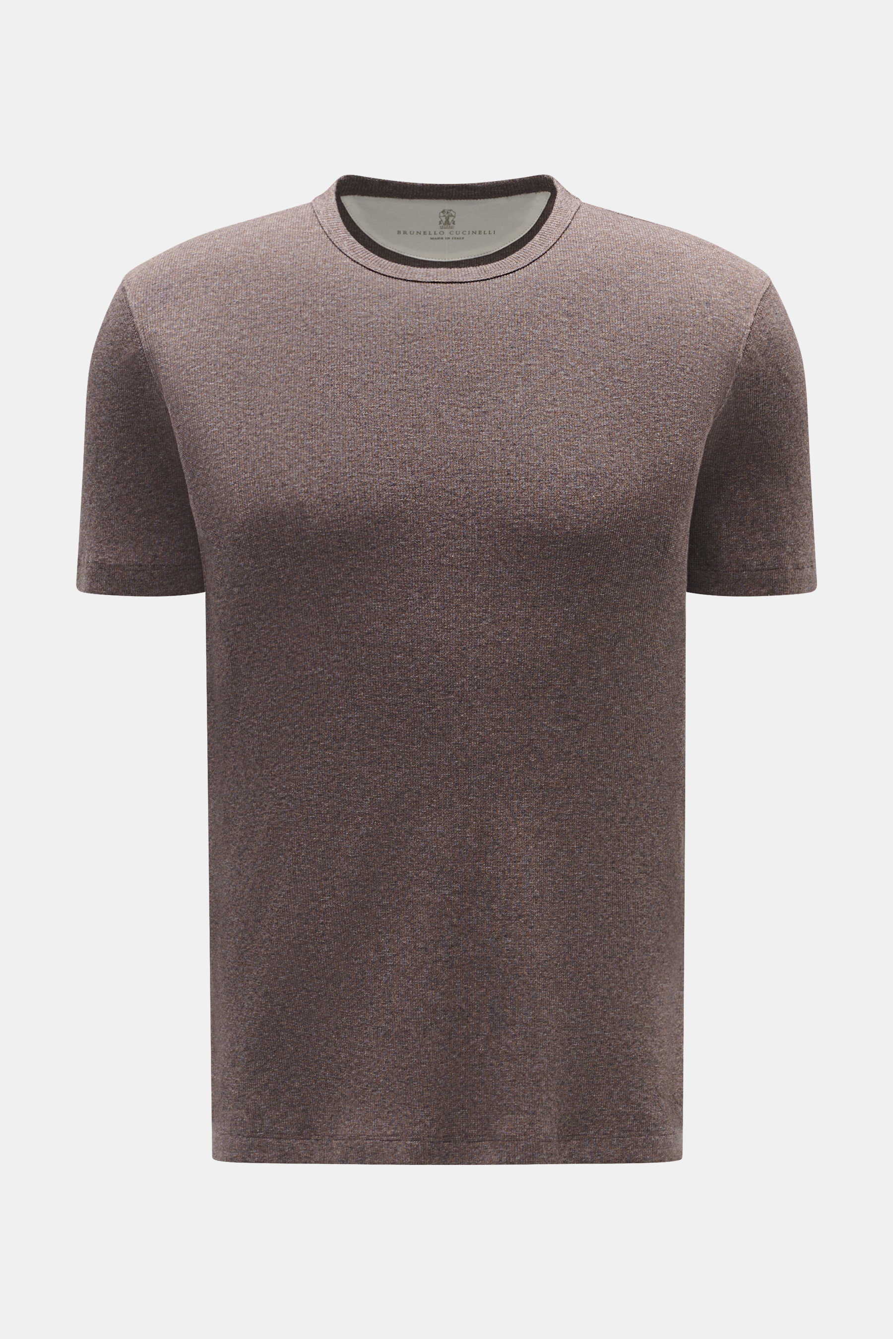 Brunello Cucinelli Strick-T-Shirt graubraun meliert, Slim Fit, feiner Baumwollstrick, Rundhalsausschnitt, schmale Bündchen, leicht körnig, frontal fotografiert.