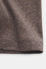 Close-up, angled view of Brunello Cucinelli Knit T-shirt grey-brown melange showing fine cotton knit, slightly textured feel, fine knit pattern, slim fit, round neckline, and narrow cuffs. With its airy cotton knit, this stylish T-shirt by BRUNELLO CUCINE