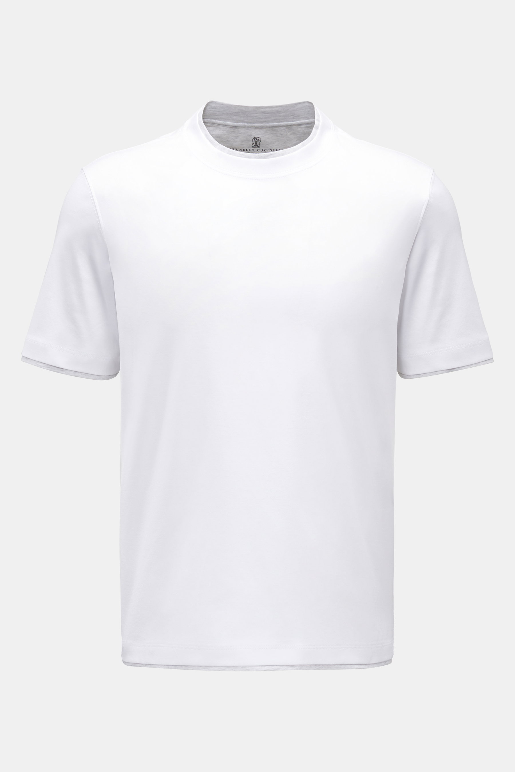 Brustansicht des Brunello Cucinelli Rundhals-T-Shirts weiß/hellgrau meliert, Baumwolle, Slim Fit, farblich abgesetzter Doppelsaum.