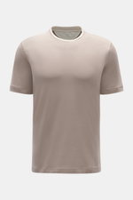 Front view of Brunello Cucinelli Crew neck T-shirt taupe/cream, slim fit with contrasting double hem on neckline, sleeves, and hem.

<p>BRUNELLO CUCINELLI delivers an essential basic for your casual wardrobe with this relaxed T-shirt in comfortable cotton