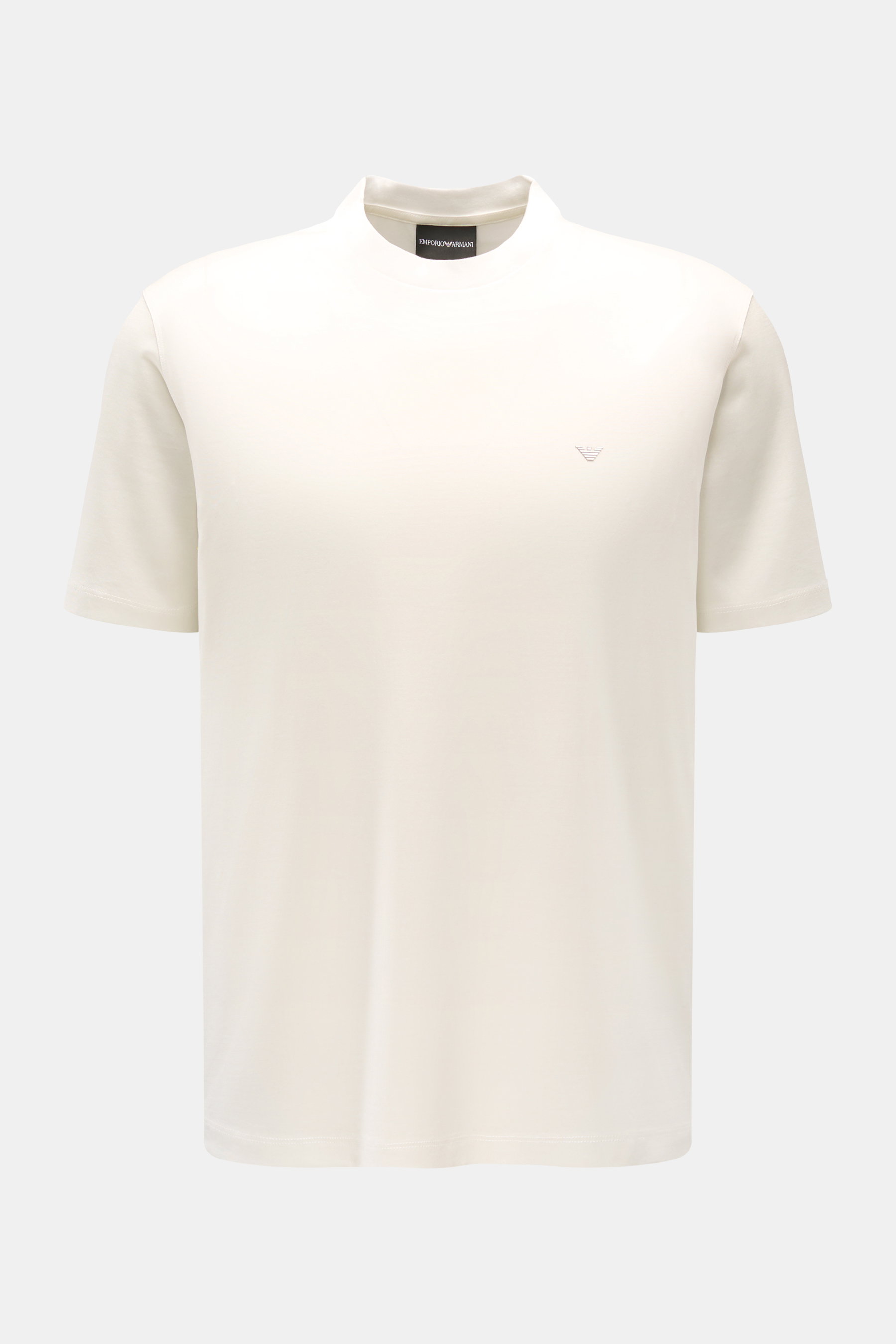 Emporio Armani Rundhals-T-Shirt offwhite, frontale Ansicht, Jersey aus Lyocell-Baumwolle, Regular Fit, Rundhalsausschnitt, Logo-Print und Patch.