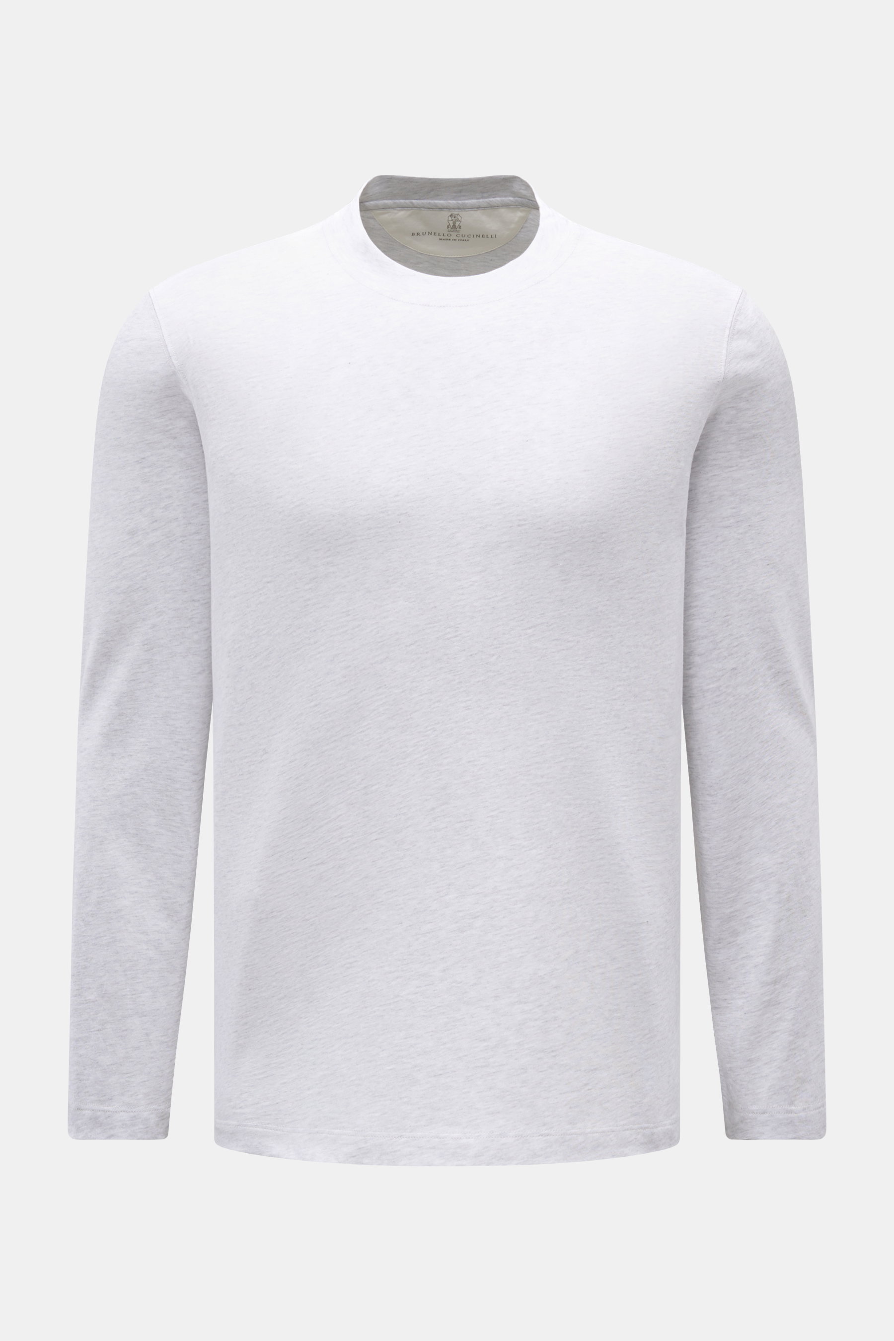 Brunello Cucinelli Rundhals-Longsleeve hellgrau meliert, Slim Fit, weicher Baumwolljersey, leichte Qualität, Rundhalsausschnitt, Saumschlitze, Frontansicht.