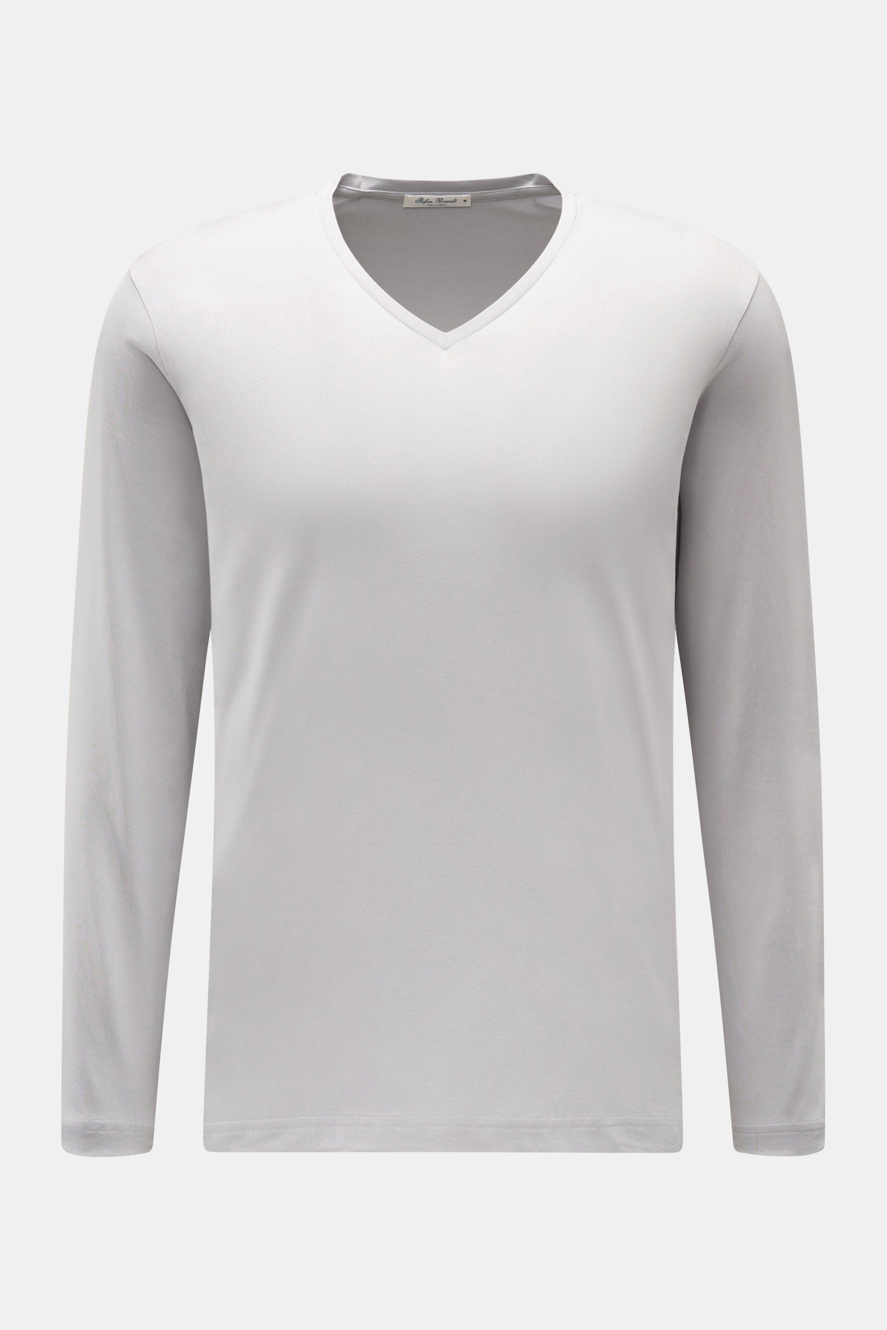 Stefan Brandt V-Neck Longsleeve 'Artur' hellgrau, Slim Fit, V-Ausschnitt, feine Jersey-Qualität, Pima-Baumwolle, frontale Nahaufnahme.