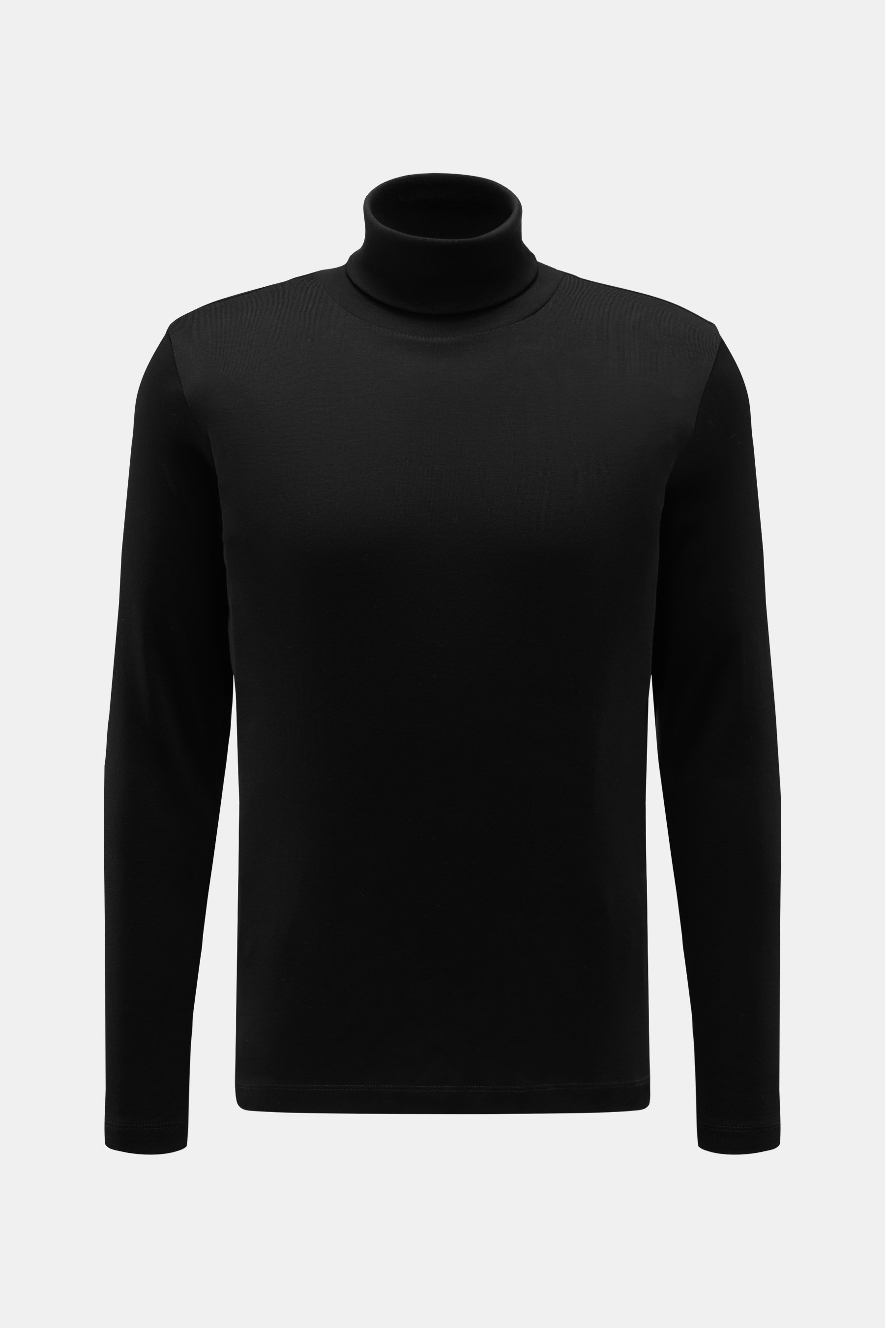 Schwarzes Stefan Brandt Rollkragen-Longsleeve "Eli" Slim Fit aus weichem Pima-Baumwoll-Jersey, frontale Nahaufnahme.
