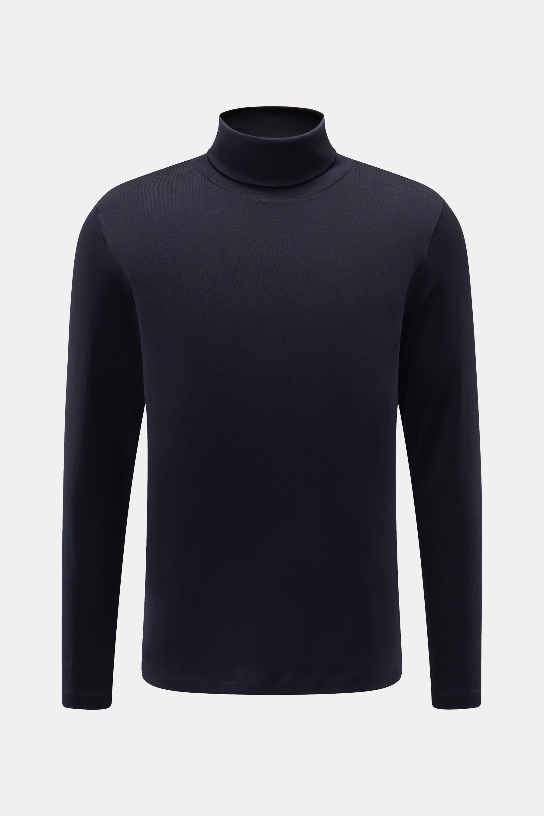Frontansicht eines dunkelblauen Stefan Brandt Rollkragen-Longsleeve 'Eli' aus softem Jersey, reiner Pima-Baumwolle, Slim Fit.