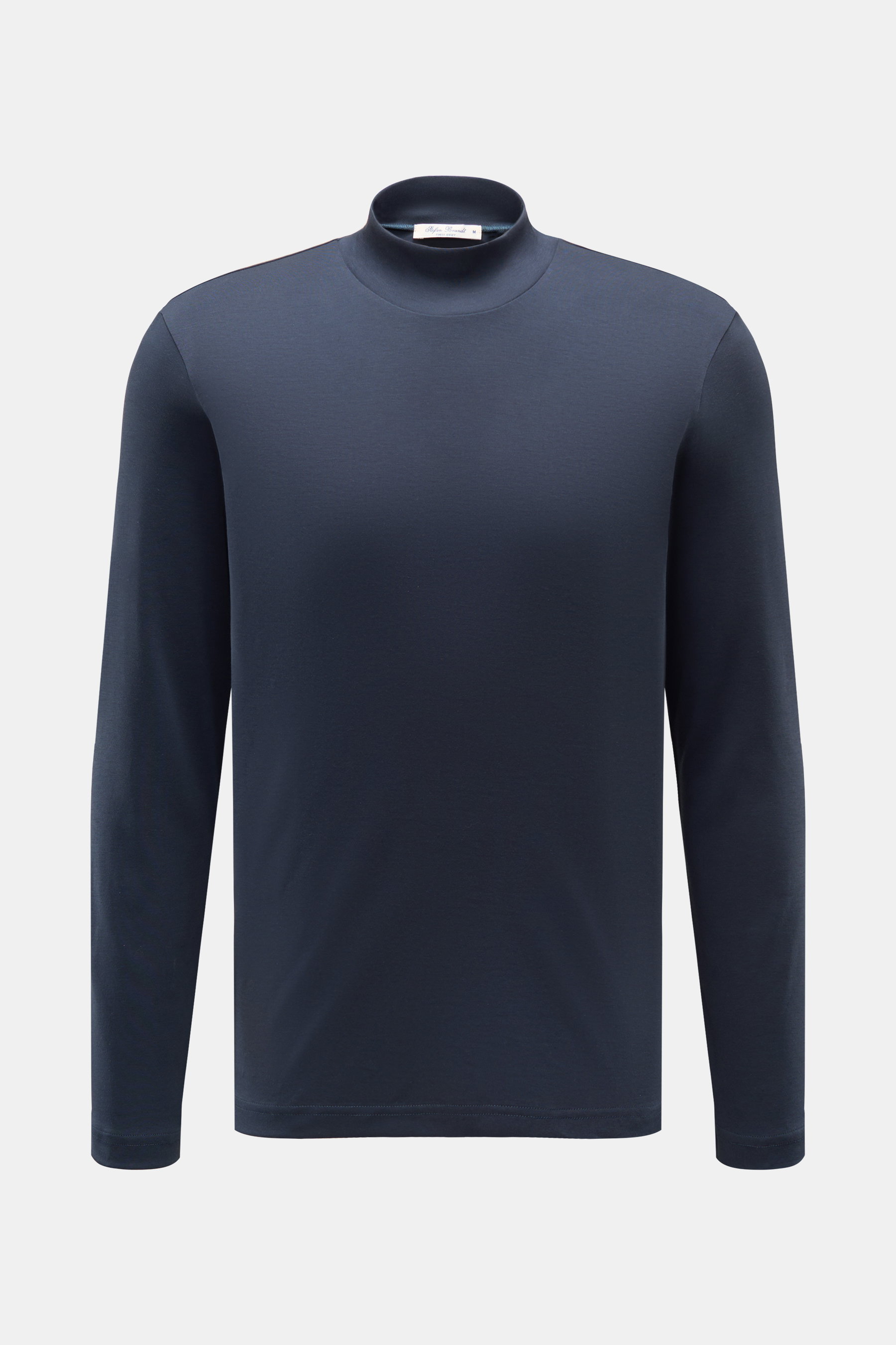 Stefan Brandt Longsleeve 'Eli' dunkelblau aus Pima-Baumwolle, Slim Fit mit Stehkragen, frontale Nahaufnahme, weicher Griff.