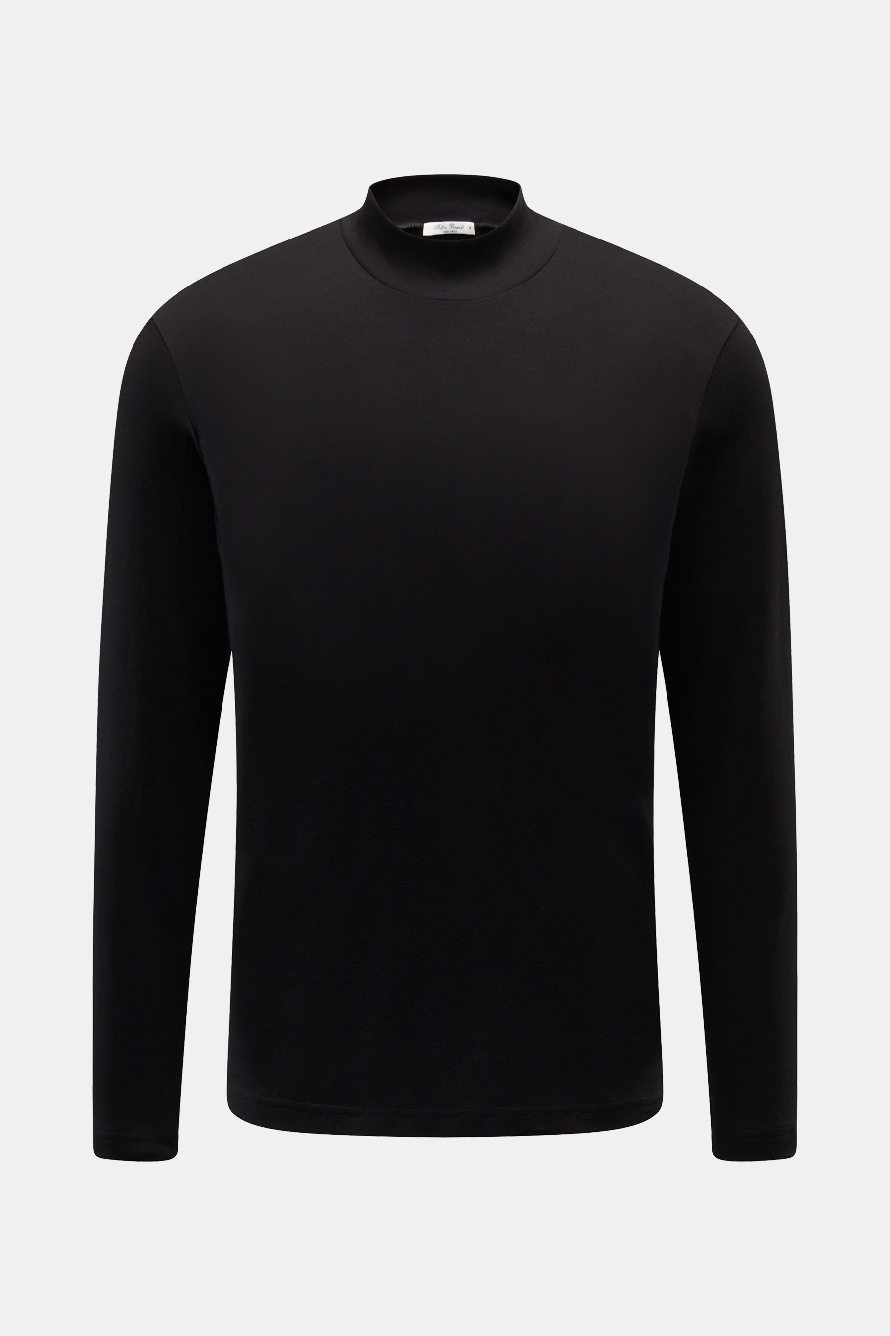 Stefan Brandt Longsleeve 'Eli' schwarz, Frontansicht, Slim Fit mit Stehkragen, weicher Pima-Baumwoll-Jersey, elegant und kultiviert.