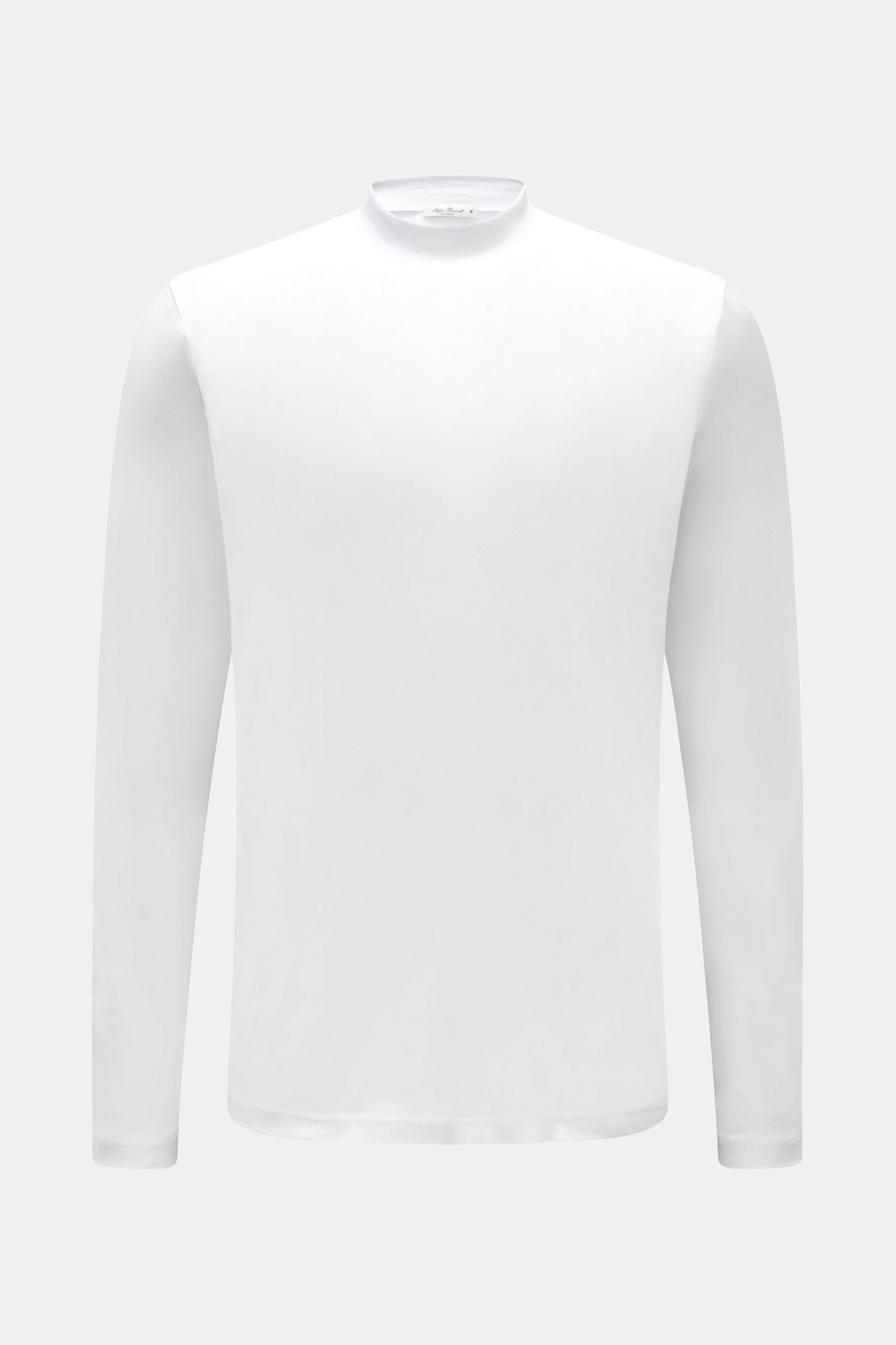 Stefan Brandt Longsleeve 'Eli' weiß, Slim Fit, aus weichem Pima-Baumwoll-Jersey mit Stehkragen, frontale Produktaufnahme.