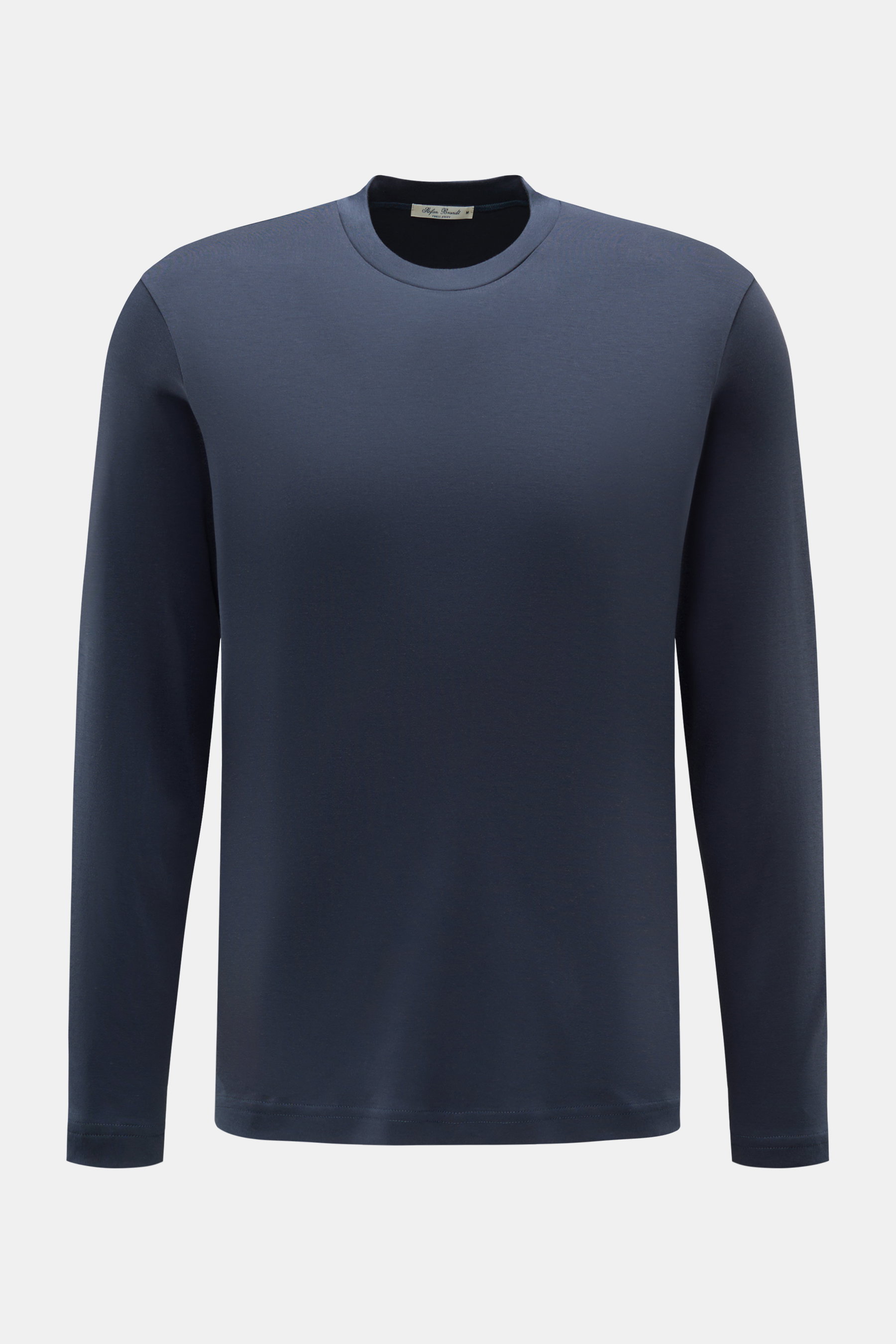 Stefan Brandt Rundhals-Longsleeve 'Sea Island Eli' dunkelblau, Slim Fit, aus weichem Jersey Sea-Island-Baumwolle, frontale Ansicht.