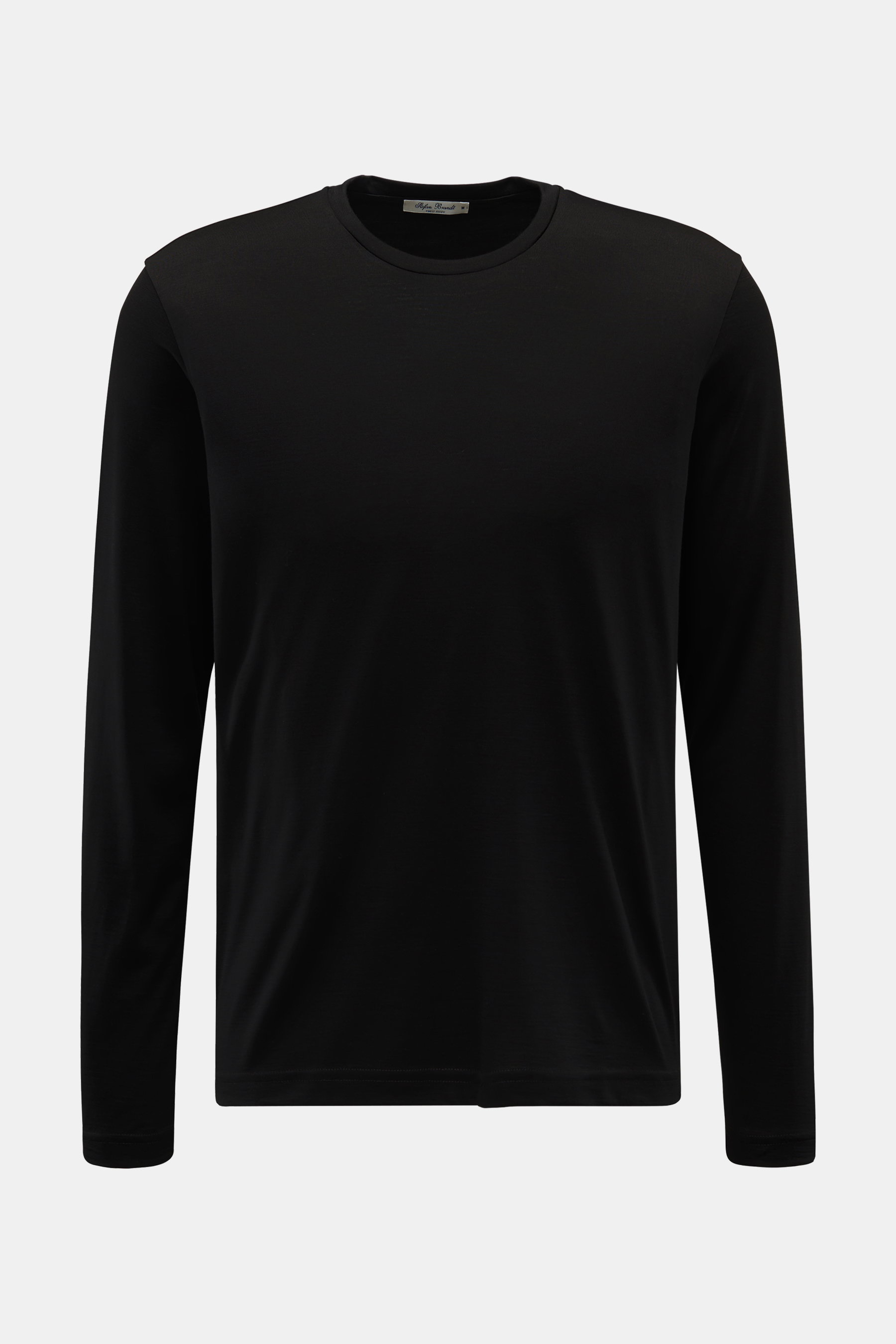 Schwarz fotografiertes Stefan Brandt Merino Rundhals-Longsleeve 'Enno' in Slim Fit, reine Merinowolle, feine Jersey-Qualität, glatter Griff.