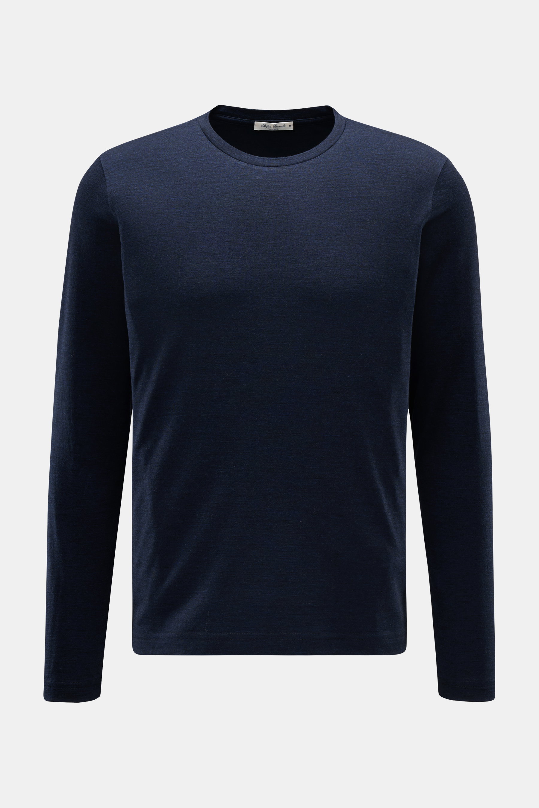 Stefan Brandt Merino Rundhals-Longsleeve 'Enno' navy meliert, Slim Fit, aus feiner, weicher Merinowolle, frontale Gesamtansicht.