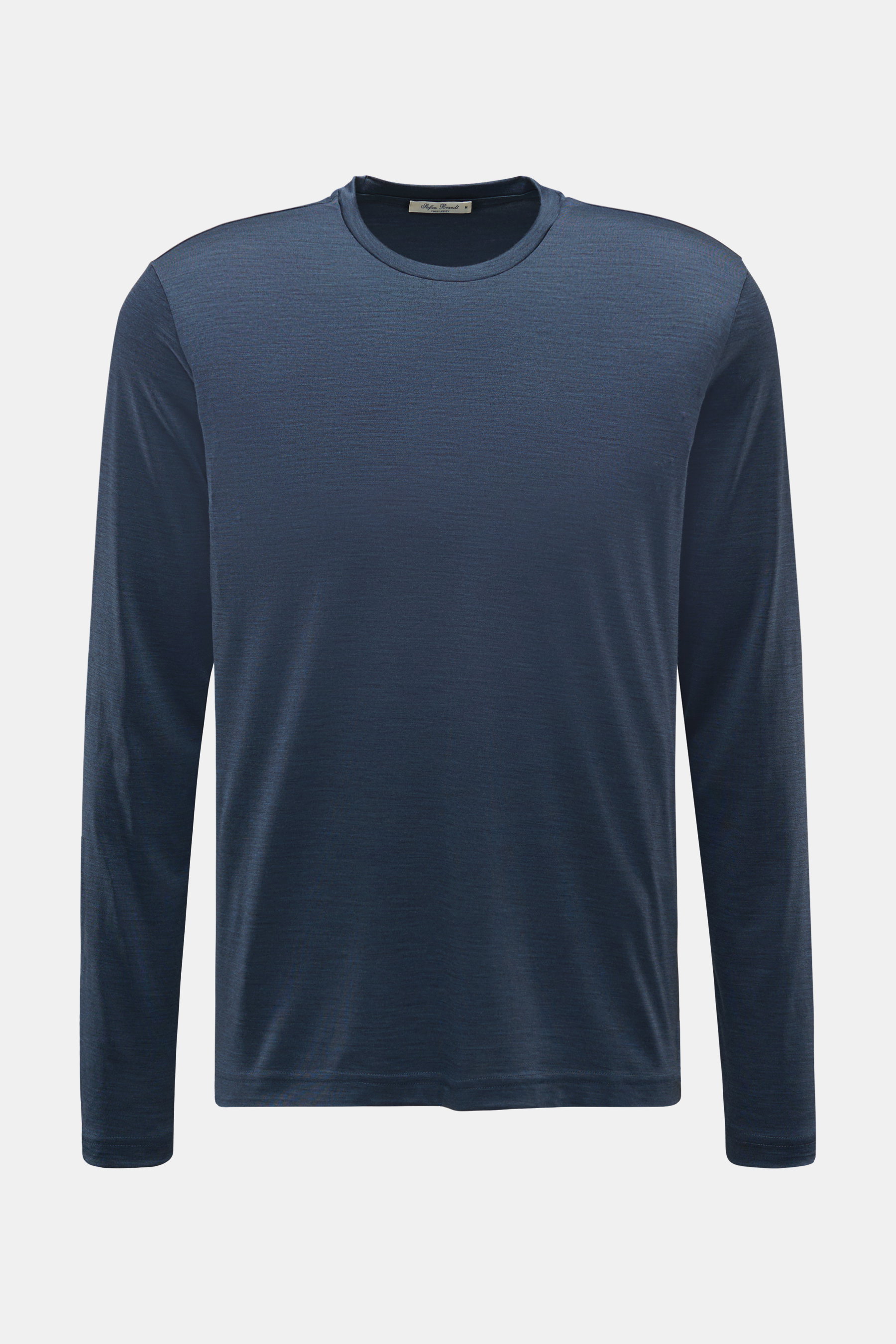 Stefan Brandt Merino Rundhals-Longsleeve "Enno" dunkelblau meliert, Slim Fit, aus reiner Merinowolle, weicher Jersey, glatter Griff, frontale Perspektive.