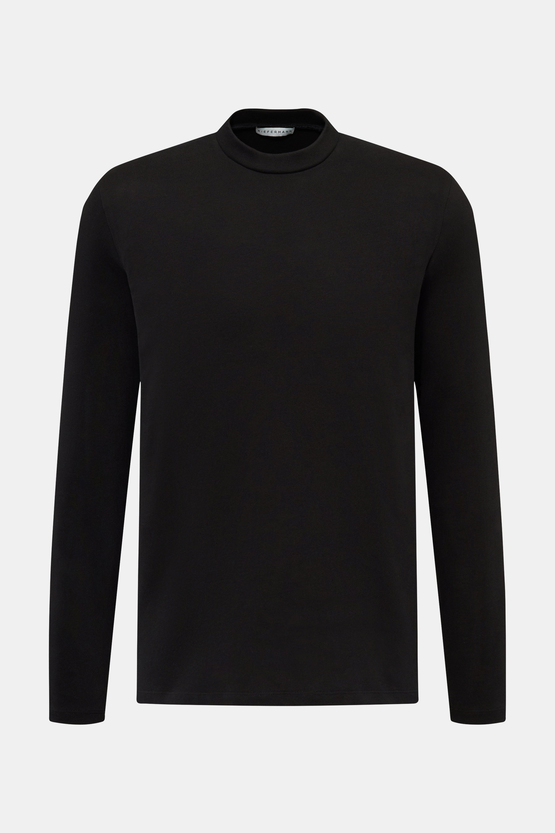 Kiefermann Rundhals-Longsleeve 'Zareius' schwarz, Slim Fit, schwerer Baumwolljersey mit Peacheffekt, frontal fotografiert, Rundhalsausschnitt.
