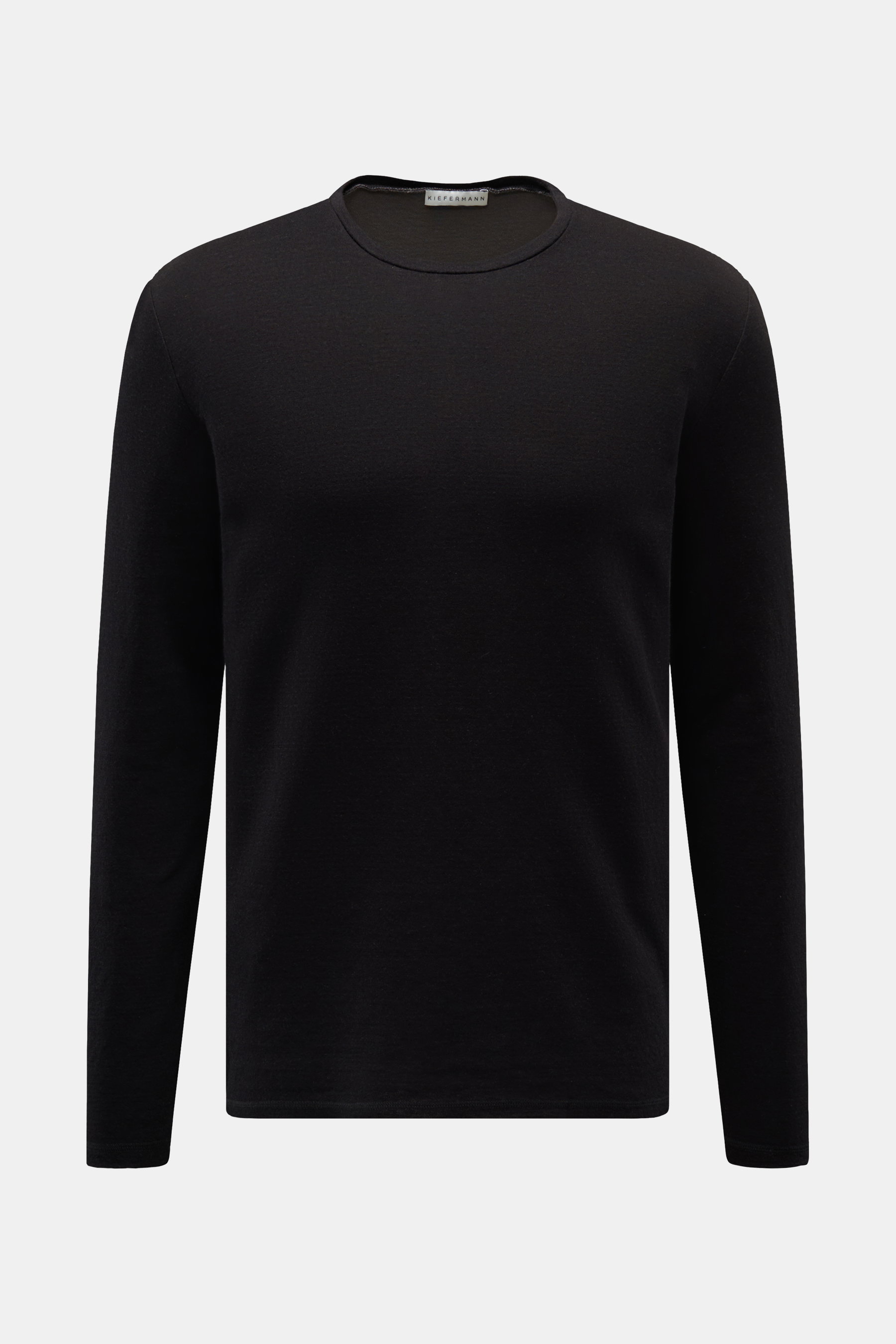 Kiefermann Longsleeve 'Jeldrik' schwarz, frontal fotografiert, aus Baumwolle und Cashmere, Regular Fit, Rundhalsausschnitt, offene Saumkanten, weicher Griff, legeres Basic-Shirt.