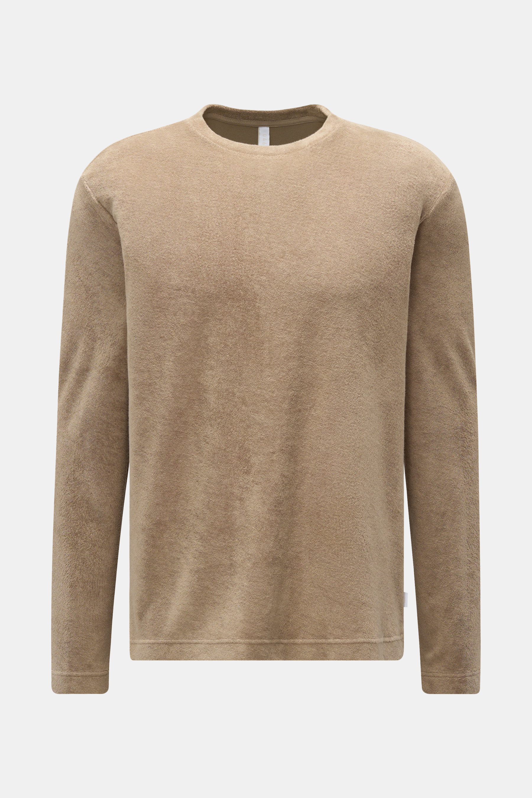 04651/ A trip in a bag Frottee Rundhals-Longsleeve 'Terry Tee' taupe, frontal, aus weichem Baumwoll-Frottee, Regular Fit, mit kleinem Weblabel.