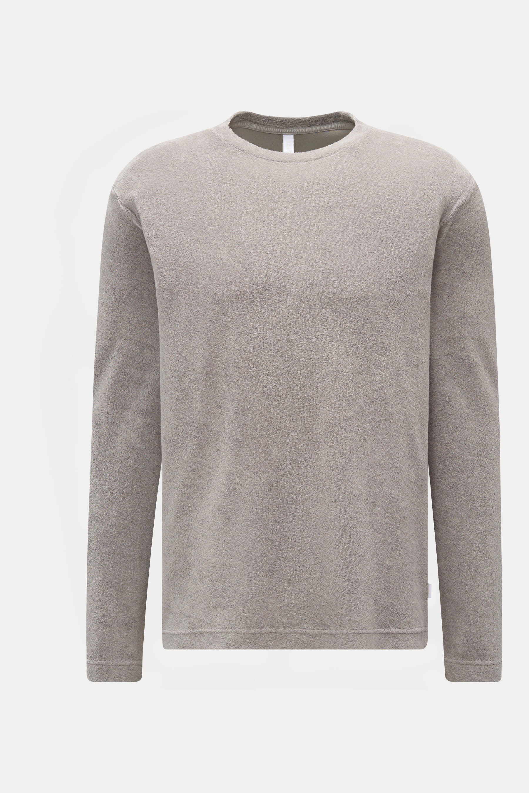 04651/ A trip in a bag Frottee Rundhals-Longsleeve 'Terry Tee' grau, frontale Ansicht, Baumwoll-Frottee, weich, Regular Fit, kleines Weblabel.