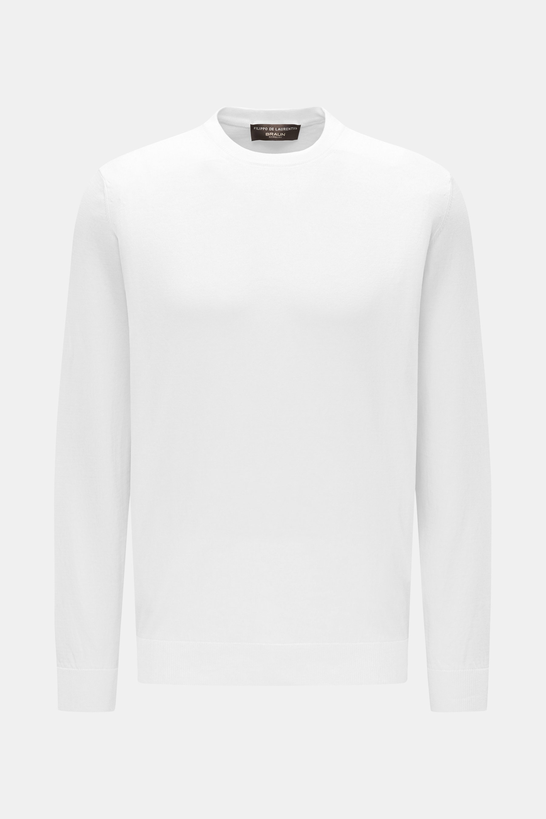 Filippo de Laurentiis Rundhalspullover weiß, leichter Baumwoll-Strick, Slim Fit, feines Strickbild, Rundhalsausschnitt, komfortable Bündchen, frontal fotografiert.