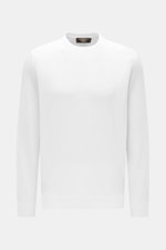 Filippo de Laurentiis Rundhalspullover weiß, leichter Baumwoll-Strick, Slim Fit, feines Strickbild, Rundhalsausschnitt, komfortable Bündchen, frontal fotografiert.