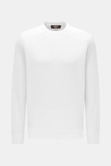 Filippo de Laurentiis Rundhalspullover weiß, leichter Baumwoll-Strick, Slim Fit, feines Strickbild, Rundhalsausschnitt, komfortable Bündchen, frontal fotografiert.