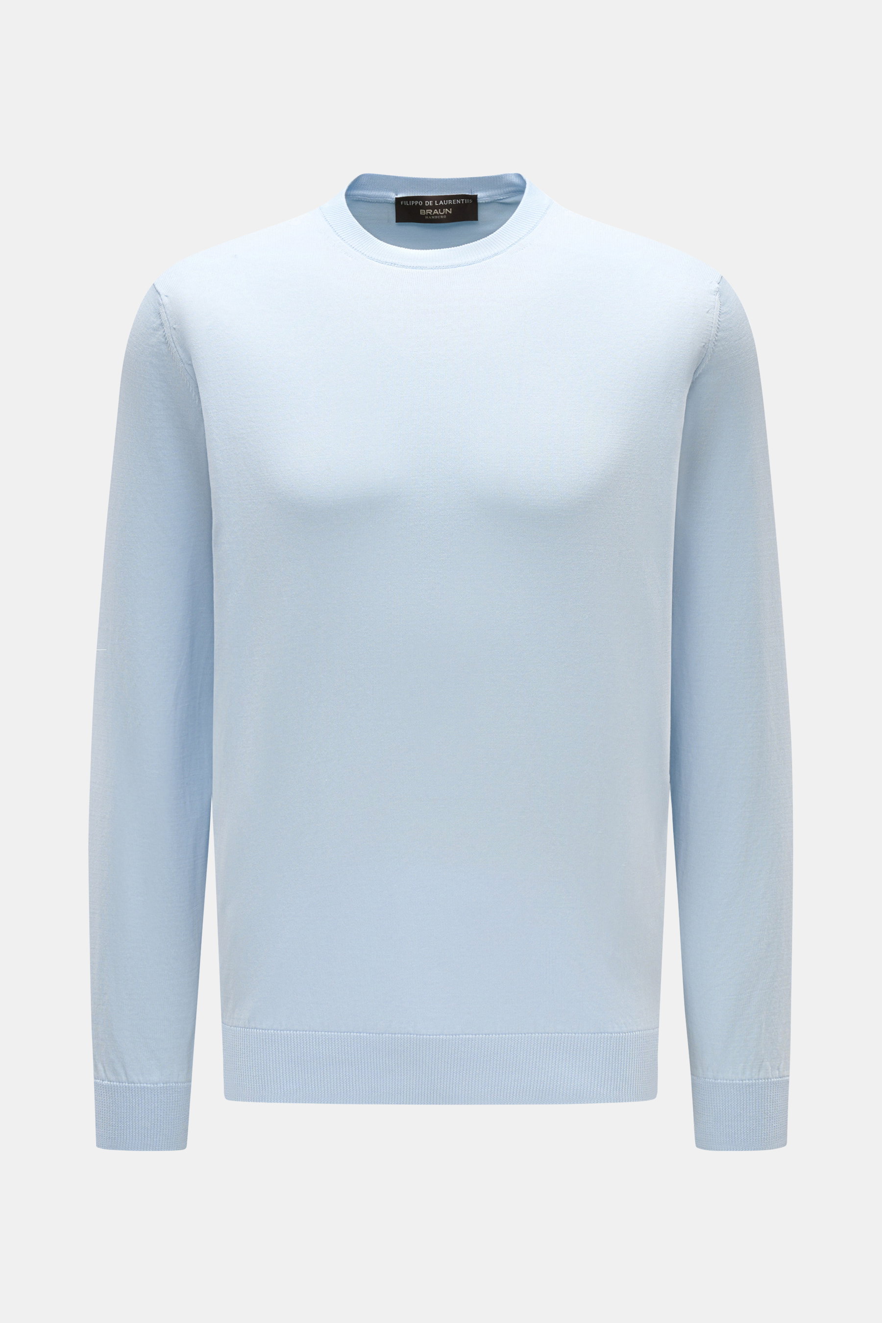 Filippo de Laurentiis Rundhalspullover pastellblau, Slim Fit, aus feinem Baumwollstrick, weicher Griff, Rundhalsausschnitt, frontale Perspektive.