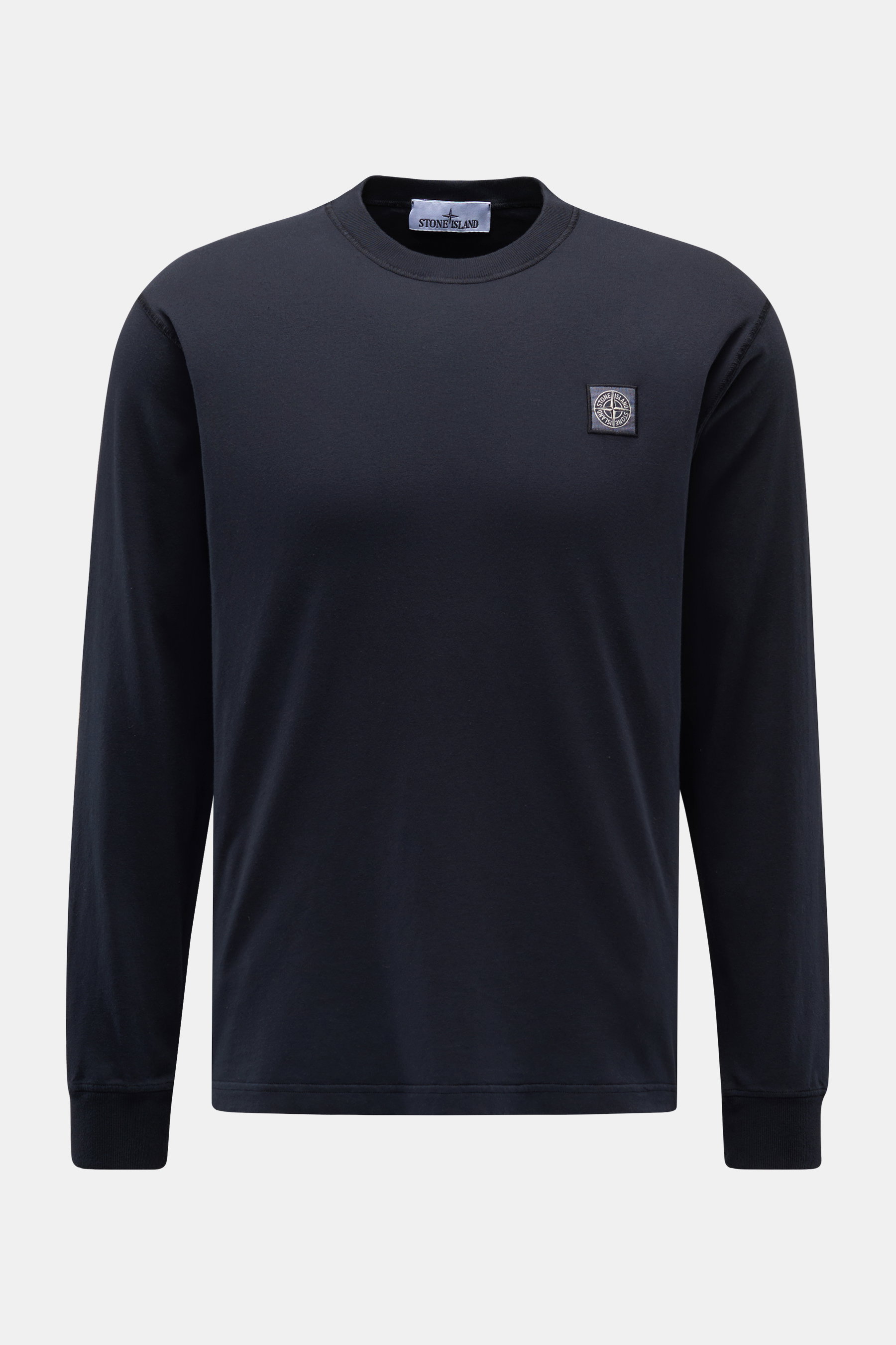 Stone Island Rundhals-Longsleeve navy, Slim Fit, garment dyed Jersey aus Baumwolle, Frontansicht mit Kompass-Logo und Rippbündchen.
