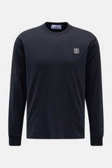 Stone Island Rundhals-Longsleeve navy, Slim Fit, garment dyed Jersey aus Baumwolle, Frontansicht mit Kompass-Logo und Rippbündchen.