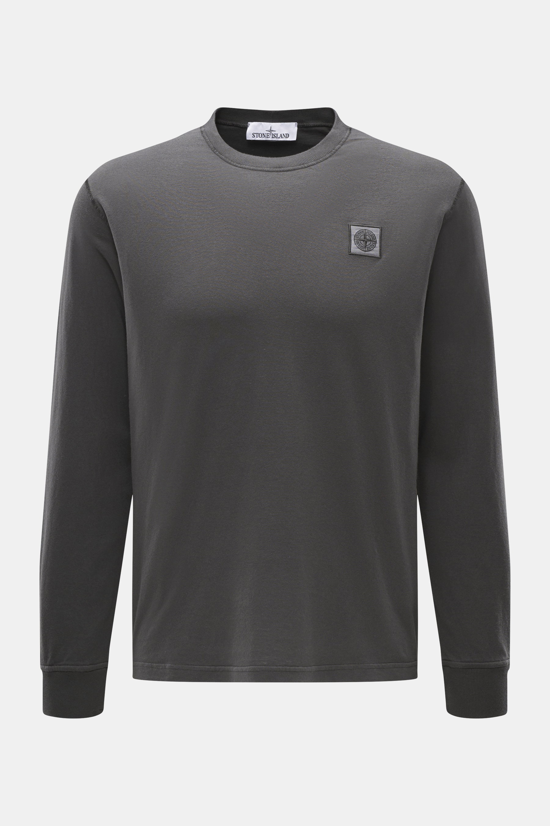 Vorderansicht des Stone Island Rundhals-Longsleeves dunkelgrau aus weichem Baumwolljersey mit Kompass-Logo und Rundhalsausschnitt.