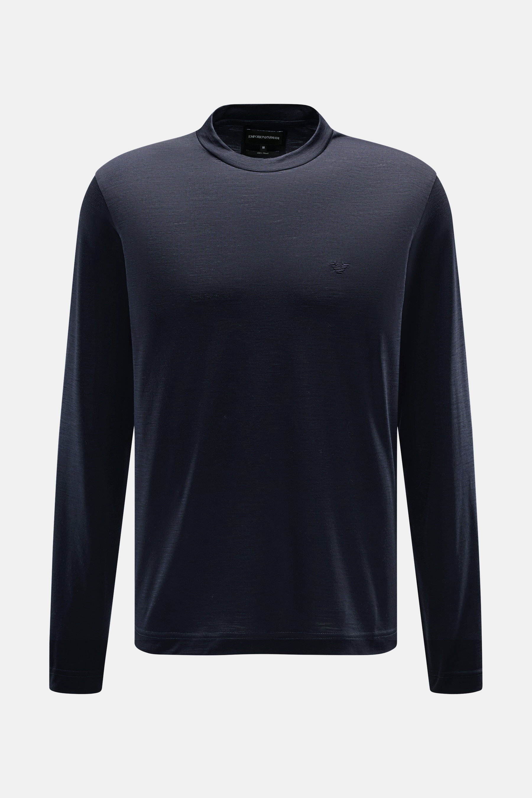 Emporio Armani Longsleeve navy shown from front, subtle luxury in pure wool, soft feel, regular fit, crew neckline, timeless style.