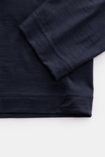 Close-up front view of the Emporio Armani Longsleeve navy sleeve and hem in pure wool with soft feel, regular fit, and crew neckline.