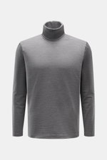 04651/ A trip in a bag Merino Rollkragenpullover grau meliert, Slim Fit, weicher Griff, feines Strickbild, elastisch, Frontansicht, reine Merinowolle.