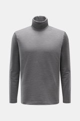 04651/ A trip in a bag Merino Rollkragenpullover grau meliert, Slim Fit, weicher Griff, feines Strickbild, elastisch, Frontansicht, reine Merinowolle.
