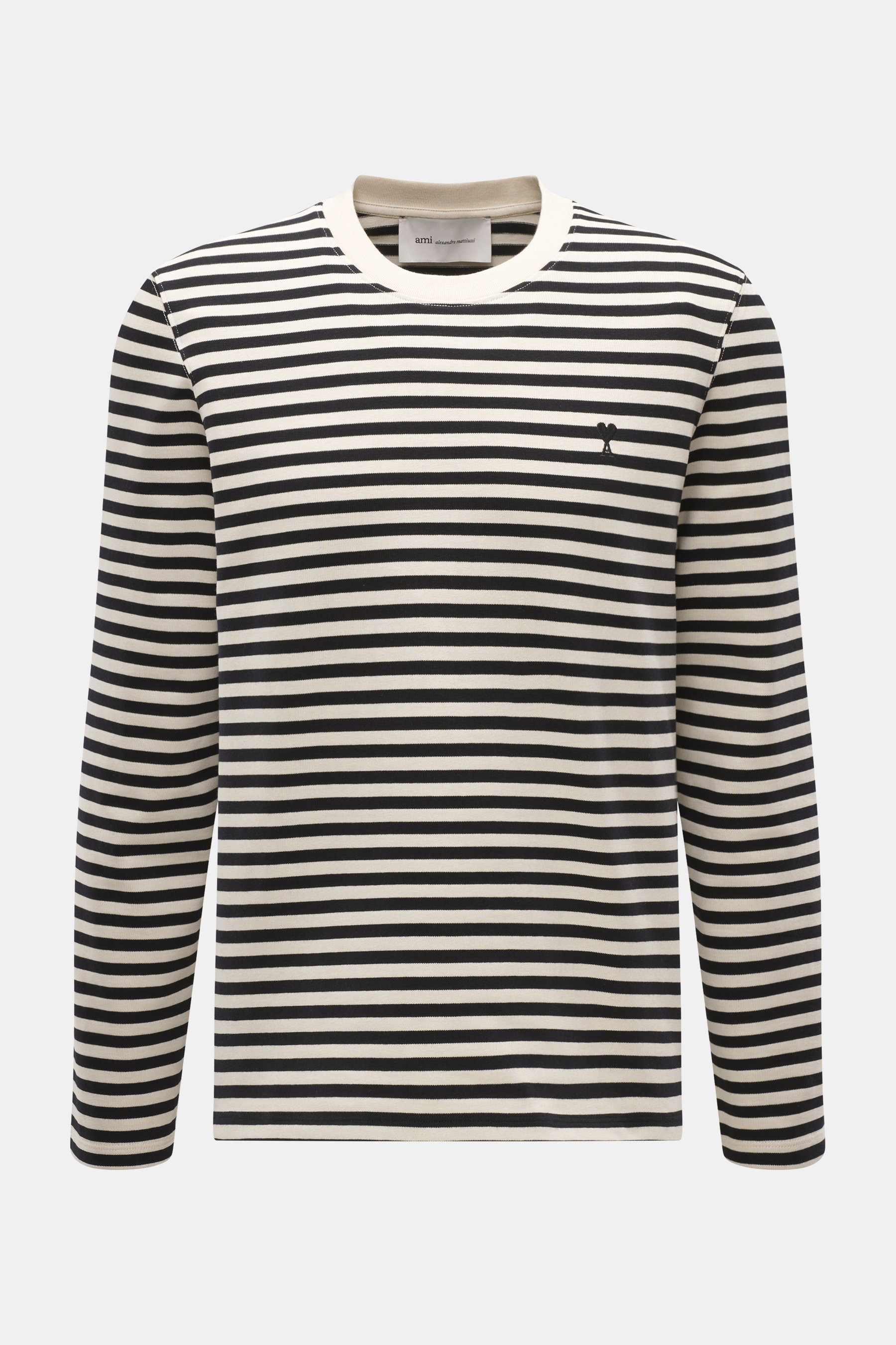 Alt tag (124 characters): Front view of Ami Paris Longsleeve black/cream striped with round neckline and embroidered heart logo on chest.

Description: <p>With this longsleeve from AMI PARIS, you can perfectly combine urban looks – the Breton look and the