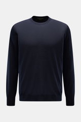 Filippo de Laurentiis Rundhalspullover navy, frontale Ansicht, Slim Fit, aus seiden-cashmere Mix, fein gestrickt, mit Rundhalsausschnitt und weichen Rippbündchen.