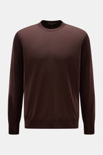 Filippo de Laurentiis Rundhalspullover dunkelbraun, Slim Fit, aus sommerlicher seidiger Cashmere-Knitwear, feines Strickbild, Rundhalsausschnitt, frontal fotografiert.